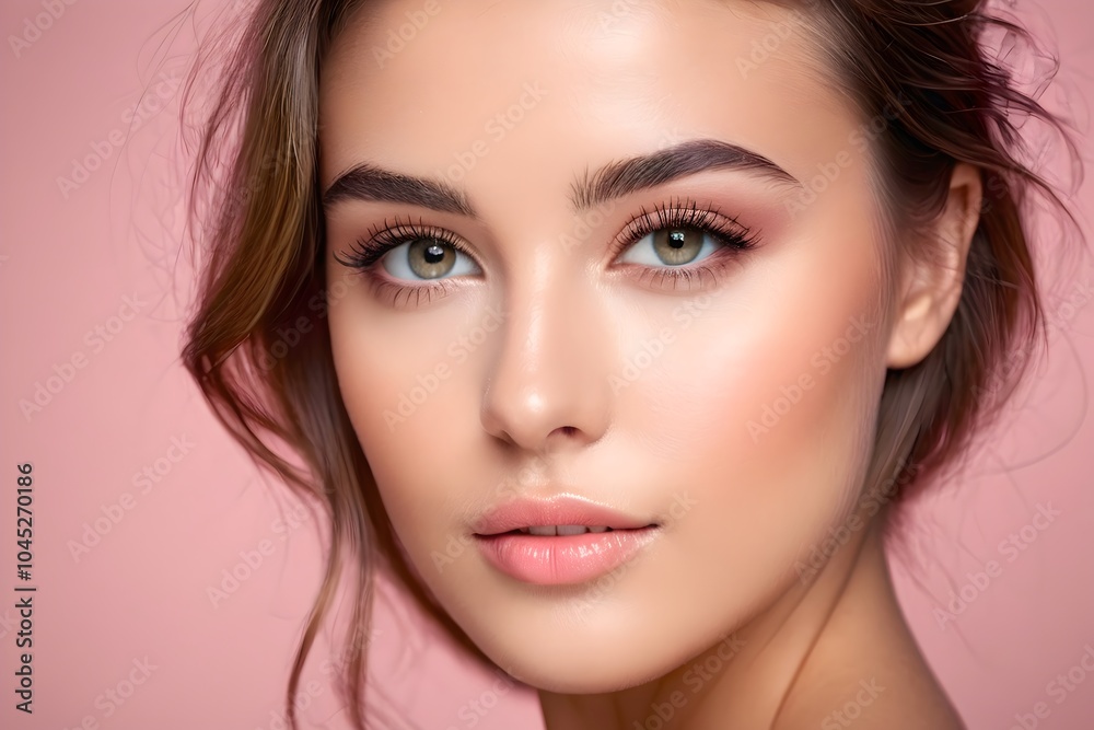 Fototapeta premium Close-up portrait of a beautiful brunette woman with radiant, flawless skin. Natural beauty and joyful expression, isolated on a pink background.