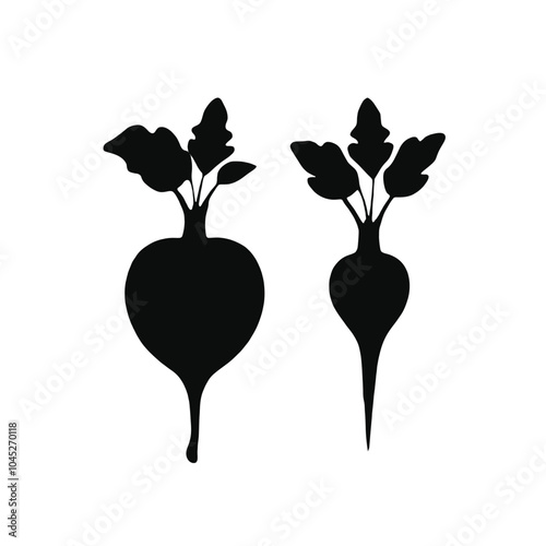 Two black silhouettes of vegetables, one appears to be a beet and the other a radish