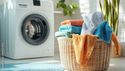 Close up of basket with colorful towels washing machine in background generated.AI photo