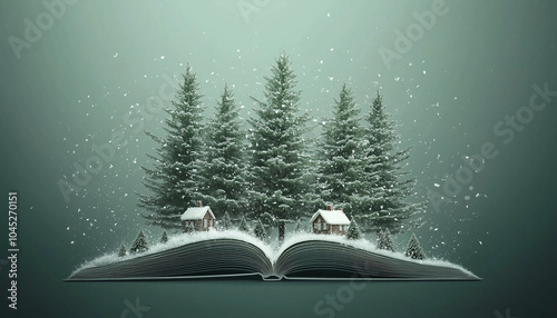 Clamshell card book style. Magical winter forest with Christmas trees. Holiday. Abstract seasonal Christmas decorations