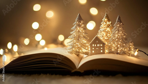 Clamshell card book style. Magical winter forest with Christmas trees. Holiday. Abstract seasonal Christmas decorations