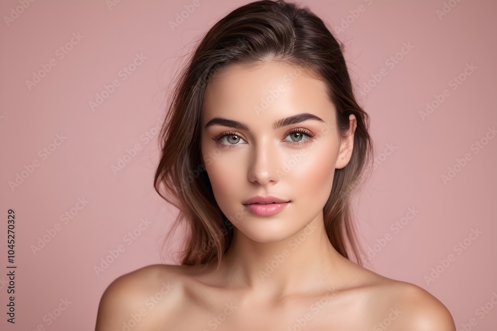 Portrait of a beautiful brunette woman. Natural beauty and joyful expression, isolated on a pink background.