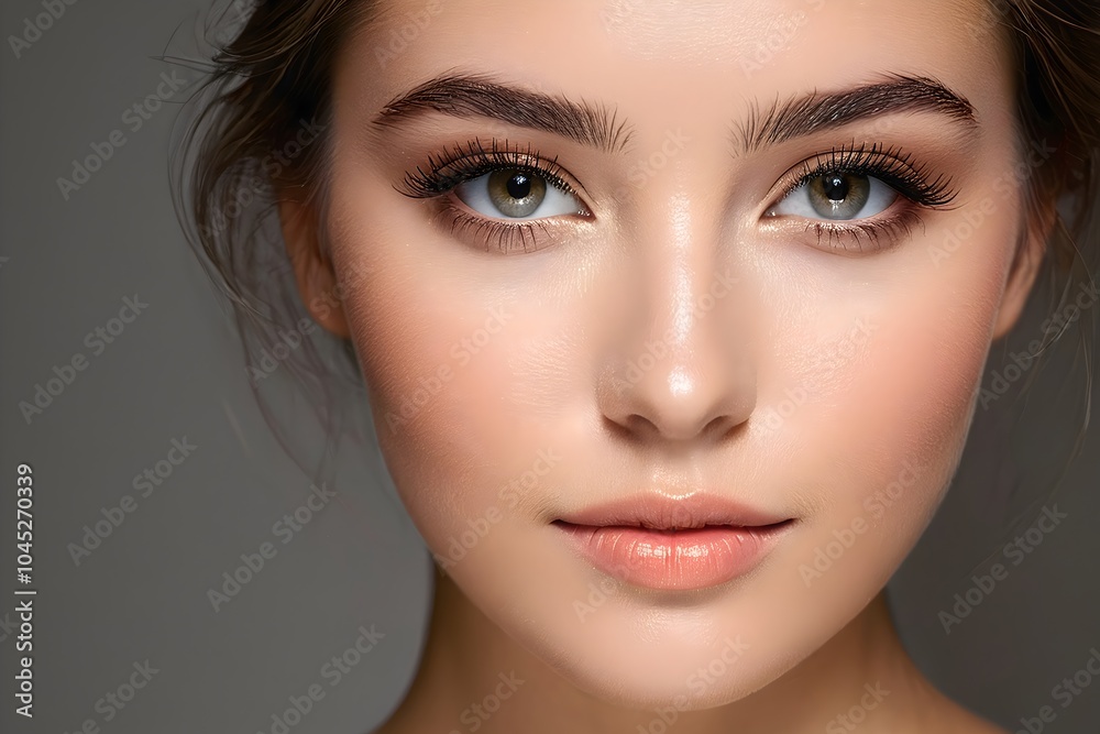 Close-up portrait of a beautiful brunette woman with radiant, flawless skin. Natural beauty and joyful expression, isolated on a gray background. Close-up portrait of a beautiful brunette woman with radiant, flawless skin. Natural beauty and joyful expression, isolated on a gray background.