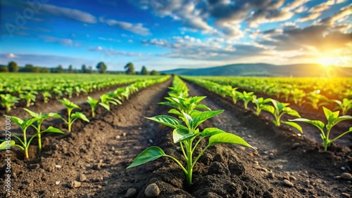 Fresh green shoots in a spring field planted with pepper sprouts on a cultivated farm, Wide-Angle photo