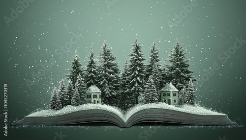 Clamshell card book style. Magical winter forest with Christmas trees. Holiday. Abstract seasonal Christmas decorations