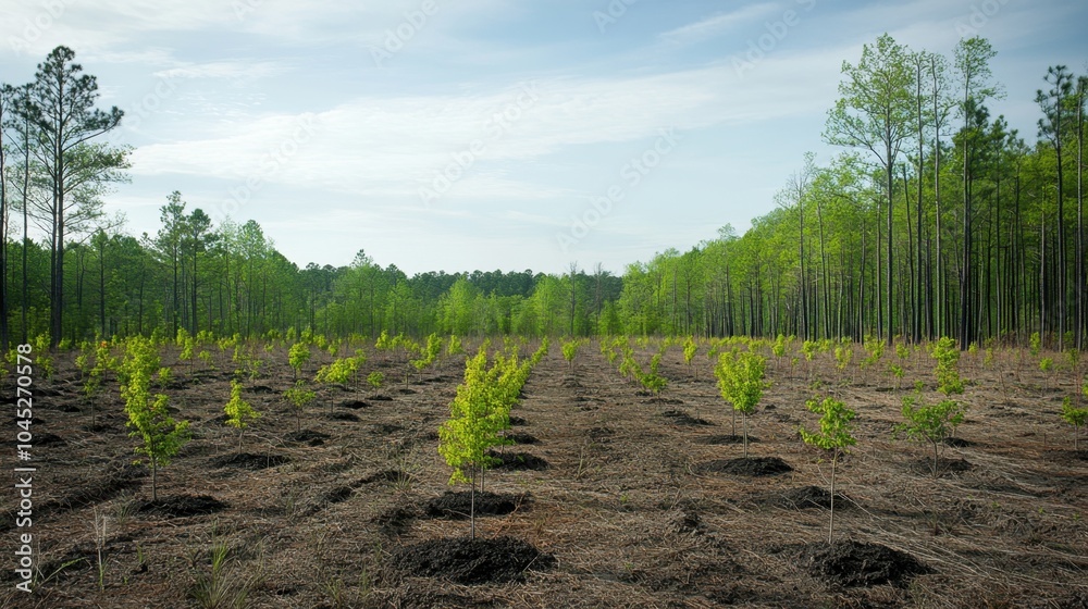 Obraz premium Planting new trees in a forest, saplings in the ground with a forest backdrop, emphasizing environmental restoration.