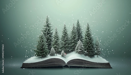 Clamshell card book style. Magical winter forest with Christmas trees. Holiday. Abstract seasonal Christmas decorations