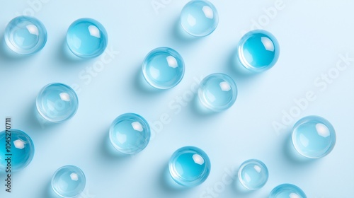 Glass spheres with blue tint scattered on a light background, creating an abstract composition of transparent reflections.