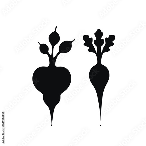 Two black silhouettes of vegetables, one appears to be a beet and the other a radish