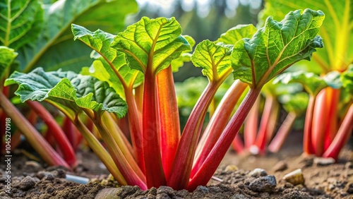 Fresh growth of rhubarb emerging among existing stalks photo