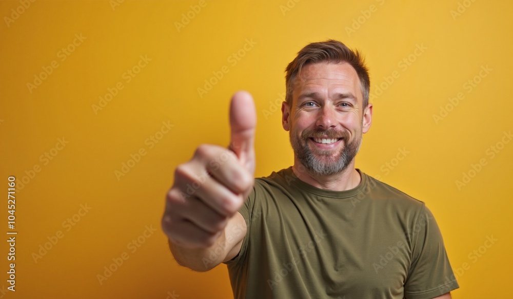 Cheerful man with thumbs up smiling against bright yellow background with copy space Cheerful man with thumbs up smiling against bright yellow background with copy space