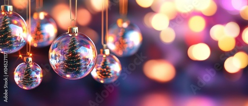 Christmas balls on strings against purple background photo