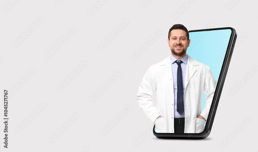 Online medical consultation. Doctor on smartphone screen against light grey background. Banner design with space for text Online medical consultation. Doctor on smartphone screen against light grey background. Banner design with space for text