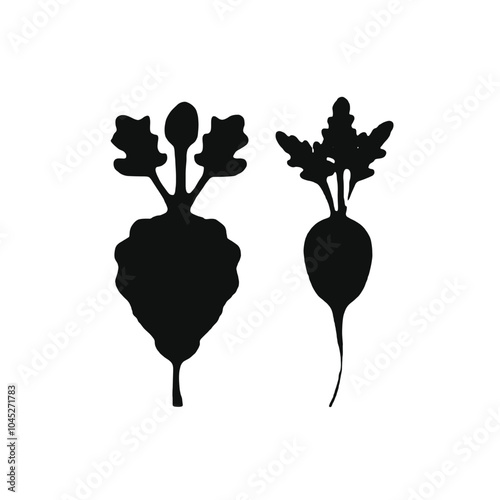 Two black silhouettes of vegetables, one appears to be a beet and the other a radish