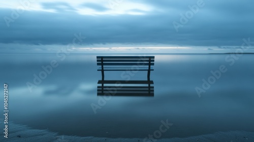 Serene beach with an empty bench, the calm waters and soft light creating a reflective, quiet moment.