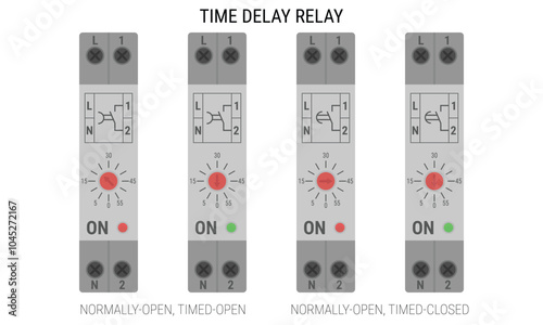 Time delay relay for DIN rail mounting. Set of control relays with a time delay function. Vector illustration