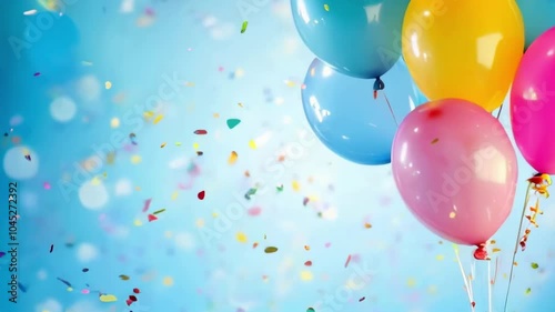 Empty white table top in front, blurred happy birthday party decoration background. Celebration blank scene with colorful balloons. Podium, pedestal, shelf