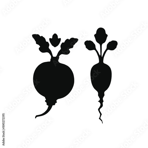 Two black silhouettes of vegetables, one appears to be a beet and the other a radish