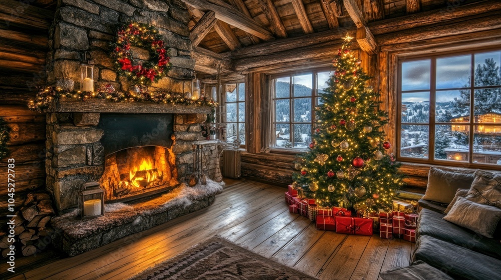 Cozy Cabin Living Room with Christmas Decorations Cozy Cabin Living Room with Christmas Decorations