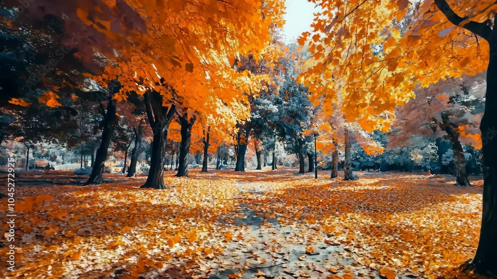 A path winds through a forest in autumn, with vibrant orange leaves on the ground and trees overhead