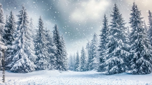 Snow-covered forest scene with tall trees, branches weighed down by the thick layer of white snow, under a grey winter sky