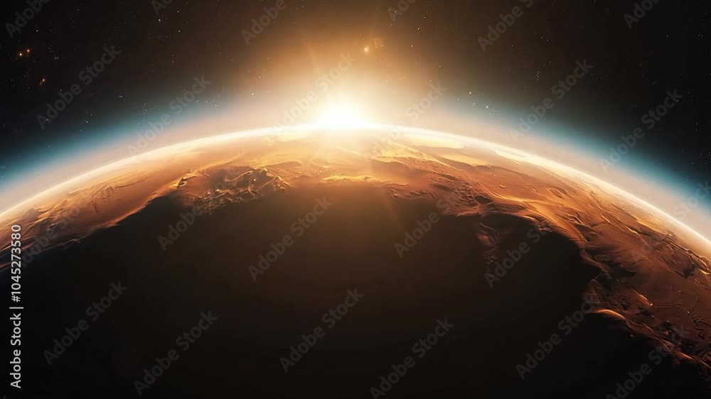 The sun rises above a planet similar to Mars viewed from space. The sun rises above a planet similar to Mars viewed from space.