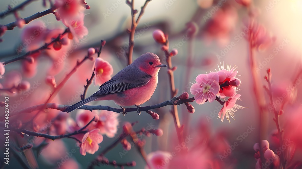 Elegant Pink Bird Perched on a Branch in a Natural Wildlife Landscape Elegant Pink Bird Perched on a Branch in a Natural Wildlife Landscape