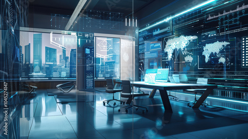 Futuristic office with holographic displays and city skyline view, showcasing advanced technology and modern design. atmosphere is innovative and inspiring