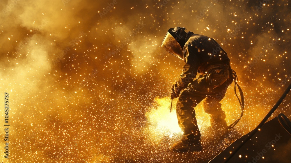 Welder working with sparks flying, welding metal parts together in a construction project, wearing protective gear. Welder working with sparks flying, welding metal parts together in a construction project, wearing protective gear.