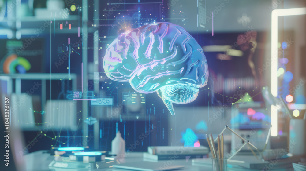 Obraz premium holographic brain floats above modern desk, surrounded by digital elements and vibrant colors, symbolizing advanced technology and innovation in neuroscience