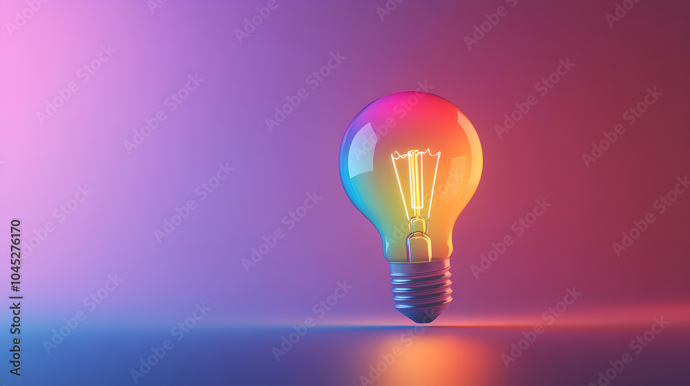 Glowing Rainbow-Colored Lightbulb Floating on a Plain Background, Symbolizing Creativity and Inspiration Glowing Rainbow-Colored Lightbulb Floating on a Plain Background, Symbolizing Creativity and Inspiration