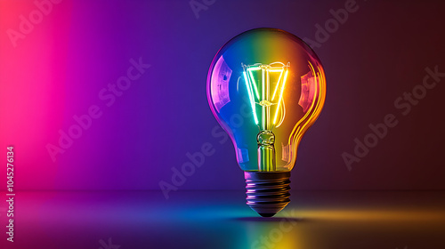 Glowing Rainbow-Colored Lightbulb Floating on a Plain Background