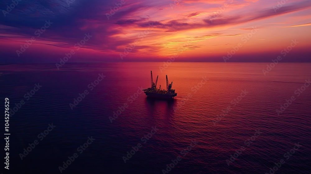 Obraz premium Sunset Over Oil Rig in Tranquil Ocean Waters