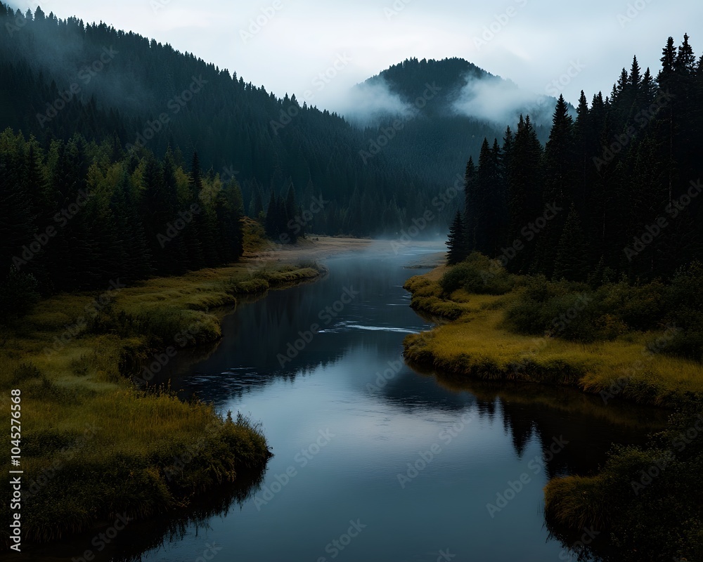Fototapeta premium Misty morning river scene with fog rolling over hills