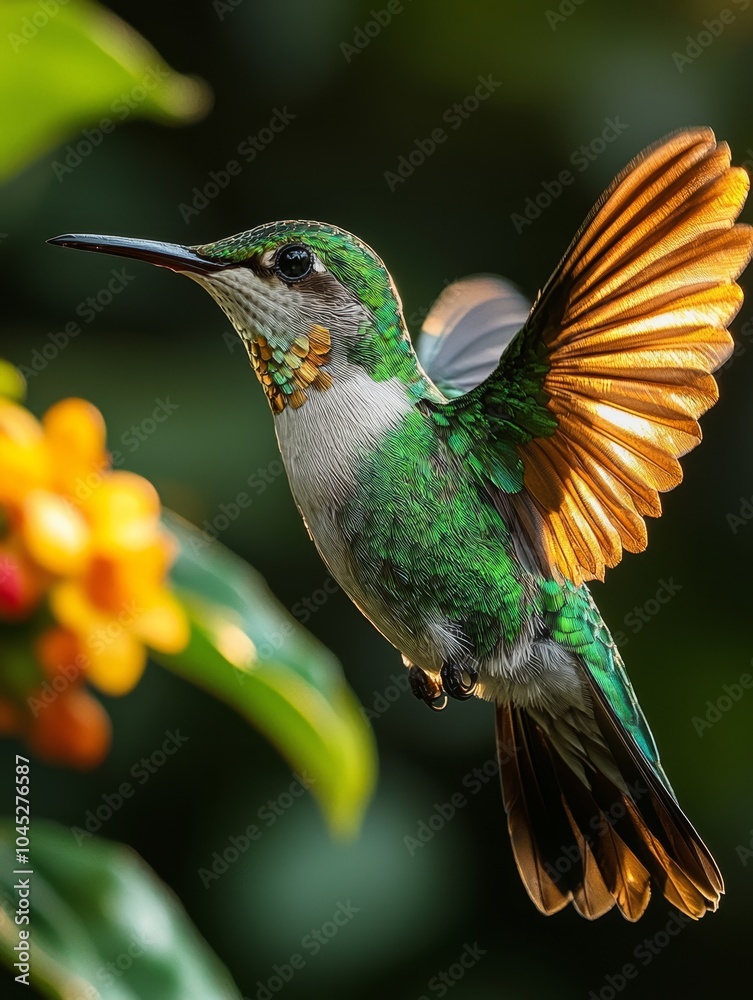 Fototapeta premium Hummingbird in flight near vibrant orange flowers