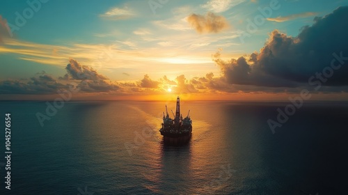 Sunset Over Offshore Oil Rig in Ocean photo