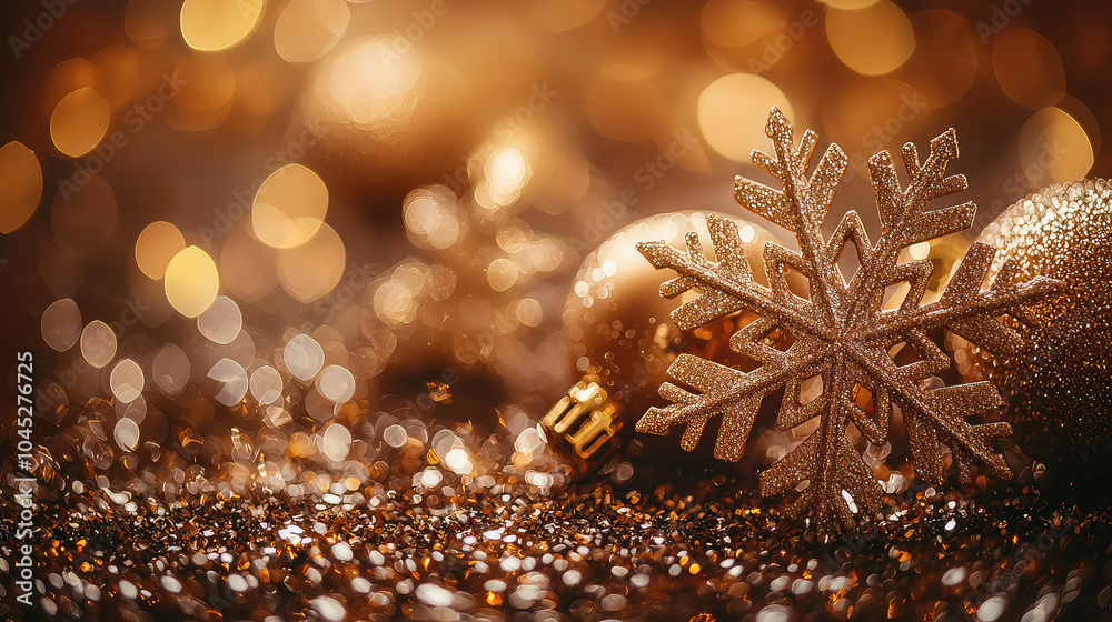 Golden snowflakes and ornaments create festive atmosphere, perfect for celebrating holiday season. shimmering background adds magical touch to this Christmas scene Golden snowflakes and ornaments create festive atmosphere, perfect for celebrating holiday season. shimmering background adds magical touch to this Christmas scene