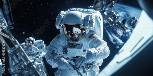 Fototapeta Naklejka Na Ścianę i Meble -   astronaut performing a spacewalk outside a spacecraft