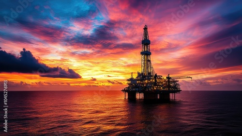 Sunset Over Offshore Oil Drilling Platform