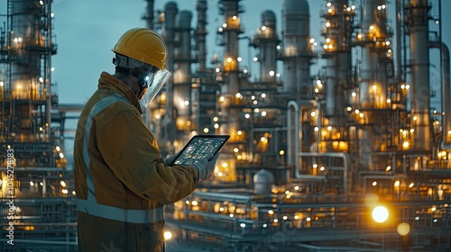 Worker Using Tablet in Industrial Facility at Dusk