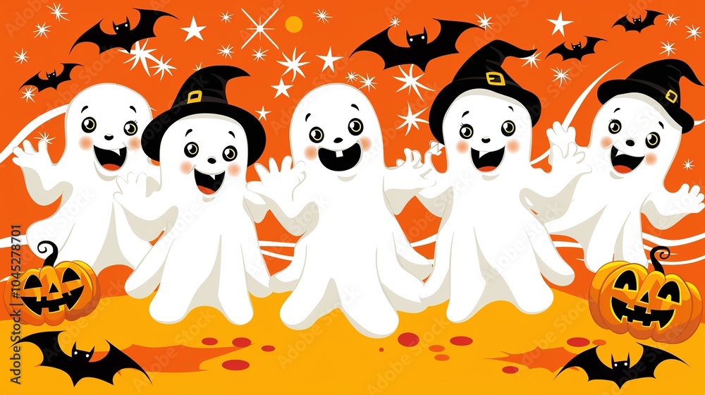Obraz premium Cheerful Ghosts and Detailed Jack-o'-Lanterns: Vibrant Orange Backdrop, Whimsical Bats, Twinkling Stars - Charming Halloween Pattern