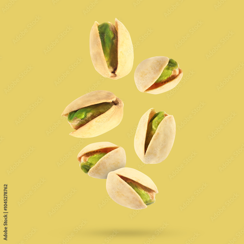 Tasty pistachios in air on color background Tasty pistachios in air on color background