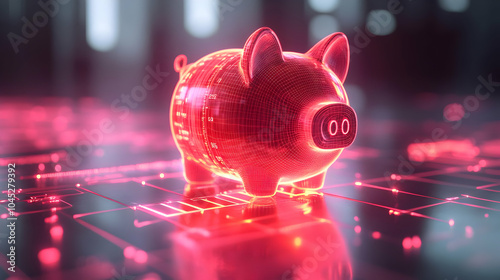 3D Floating Holographic Piggy Bank Glowing Savings Chart Ample Copy Space Isolated Clean White Background Wealth Savings Concept Custom Text Financial Retail Stock Imagery