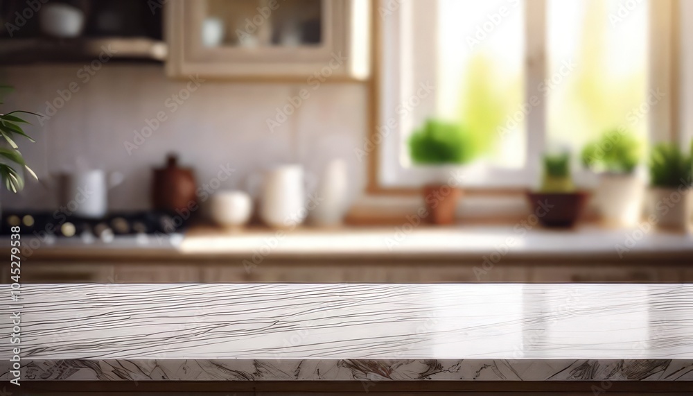 Modern kitchen counter with natural light, greenery in background, inviting atmosphere. Modern kitchen counter with natural light, greenery in background, inviting atmosphere.