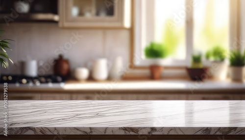 Modern kitchen counter with natural light, greenery in background, inviting atmosphere.