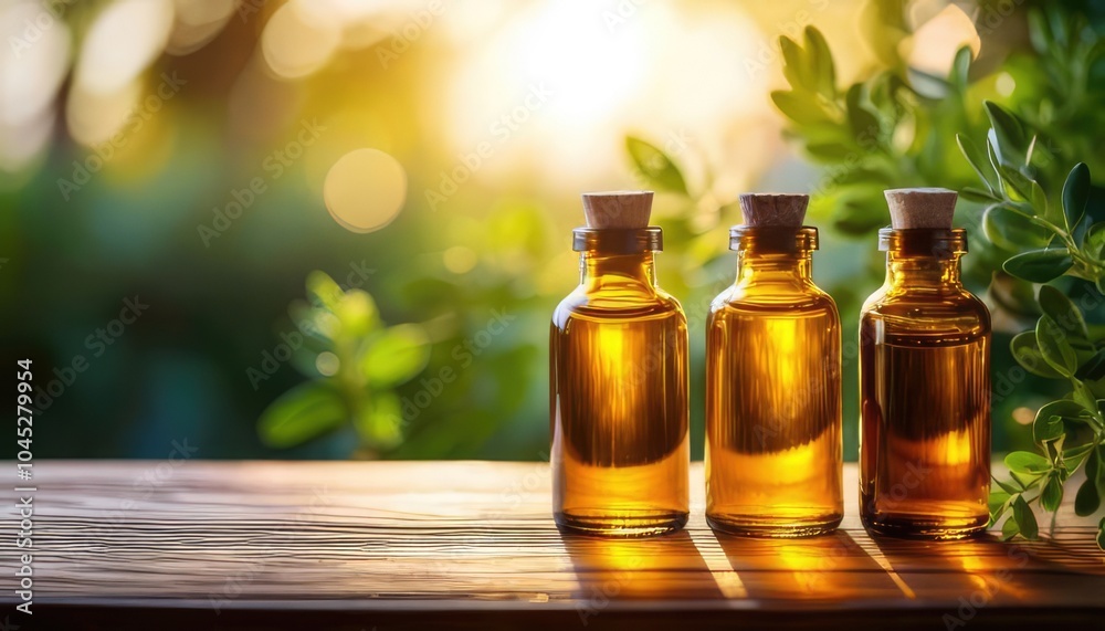 Three glass bottles of essential oil on a wooden table in a natural setting.