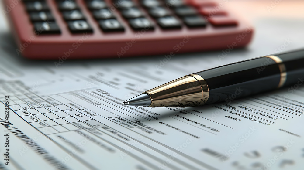 3D Glossy Calculator and Pen on Financial Documents | High Definition Image with Copy Space for Branding | Isolated Icon on White Background, Office Supplies for Finance and Accounting 3D Glossy Calculator and Pen on Financial Documents | High Definition Image with Copy Space for Branding | Isolated Icon on White Background, Office Supplies for Finance and Accounting