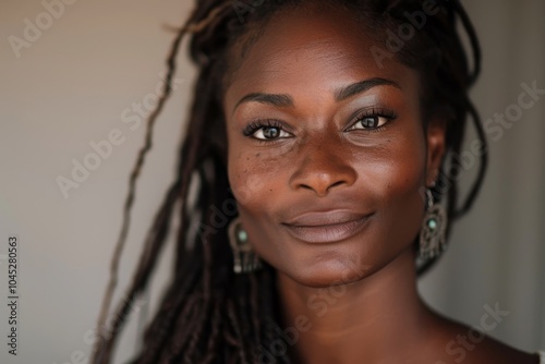 Portrait of a young African-American woman around 30 years old, with long hair, smiling joyfully, close-up of her face