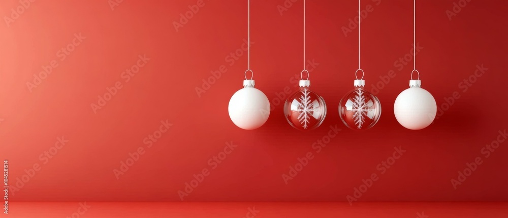 Three white & red Christmas balls hanging on string against red wall