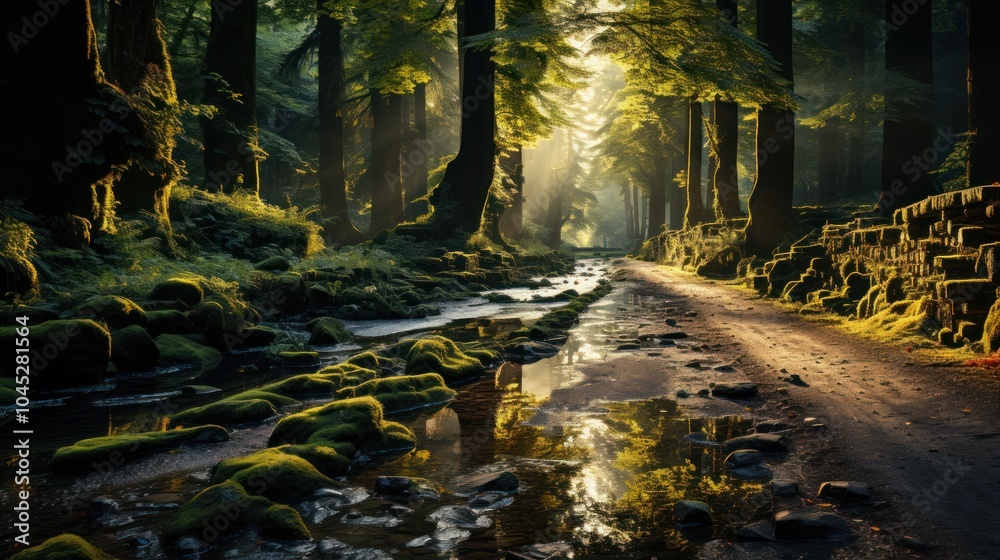 Obraz premium Sunlight Through Trees in a Forest Path